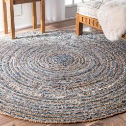 Dara Striped Coastal Jute Blue 8 ft. x 8 ft. Round Rug by nuLOOM -nuLOOM Sales Store blue nuloom area rugs mgdr02a 808r 40 1000