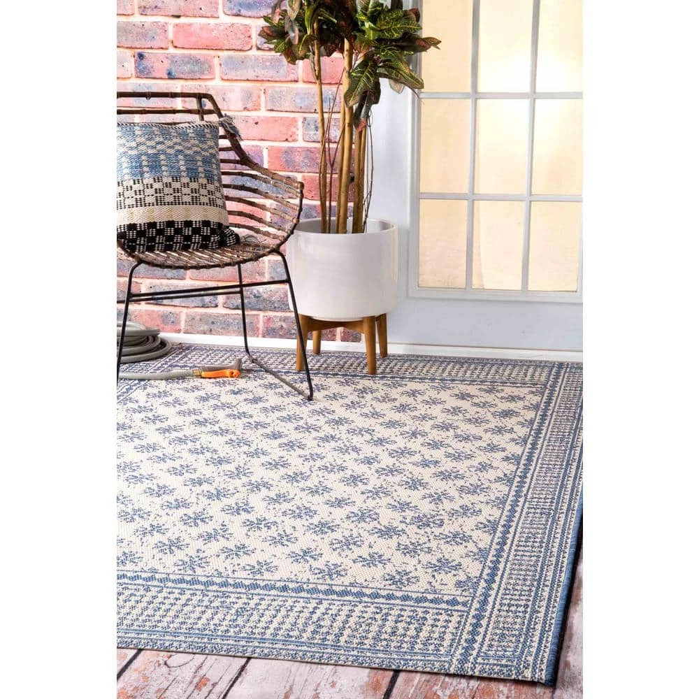 Rana Farmhouse Country Trellis with Border Blue 8 ft. x 11 ft. Indoor/Outdoor Area Rug by nuLOOM 2 Rana Farmhouse Country Trellis with Border Blue 8 ft. x 11 ft. Indoor/Outdoor Area Rug by nuLOOM - Image 2