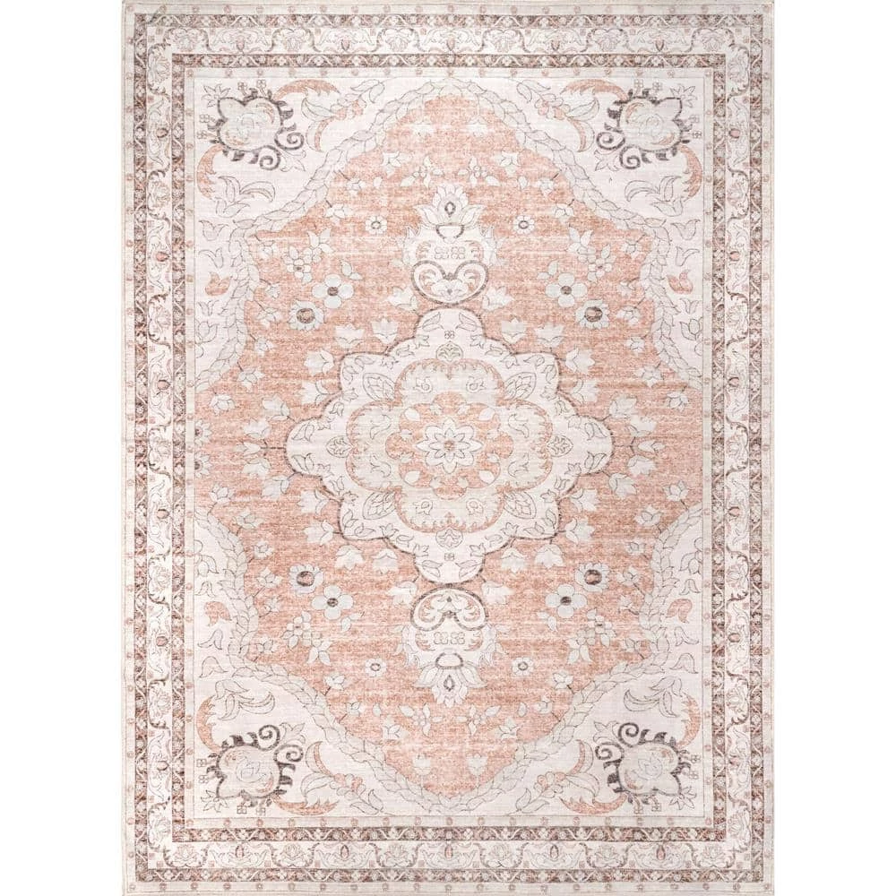 Tracie Machine Washable Floral Medallion Peach 8 ft. x 10 ft. Indoor Area Rug by nuLOOM 1 Tracie Machine Washable Floral Medallion Peach 8 ft. x 10 ft. Indoor Area Rug by nuLOOM