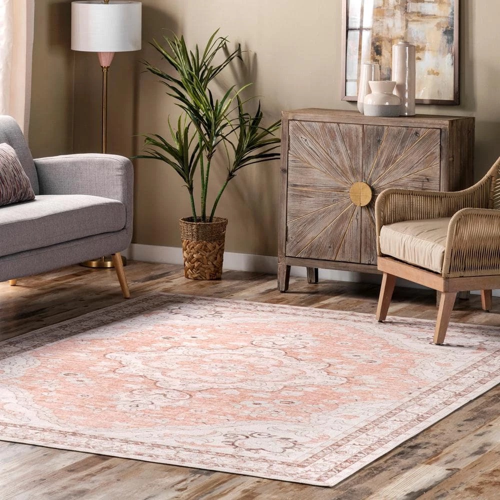 Tracie Machine Washable Floral Medallion Peach 8 ft. x 10 ft. Indoor Area Rug by nuLOOM 2 Tracie Machine Washable Floral Medallion Peach 8 ft. x 10 ft. Indoor Area Rug by nuLOOM - Image 2